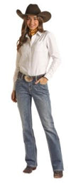 Rock & Roll Denim Ivory Embroidery Bootcut Riding Jean, Medium Vintage Wash - ReRide Consignment 